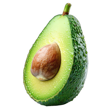 Close-up of a halved avocado, glistening with water droplets.  The pit is prominently displayed, nestled within the creamy flesh.  A vibrant green hue envelops the fruit