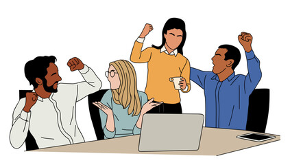 Excited business men and women celebrating success with their hands up. Business team work concept. Modern vector colored outline drawing for graphic, web design. Isolated