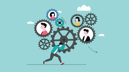 business leadership, skills to direct business operations or design business strategies, business driver or mentor concept, businessman turn gears to move the gears of other employees or staff