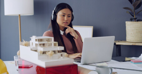 Laptop, woman and architect with thinking, blueprint and research of engineer in office. Paperwork,...