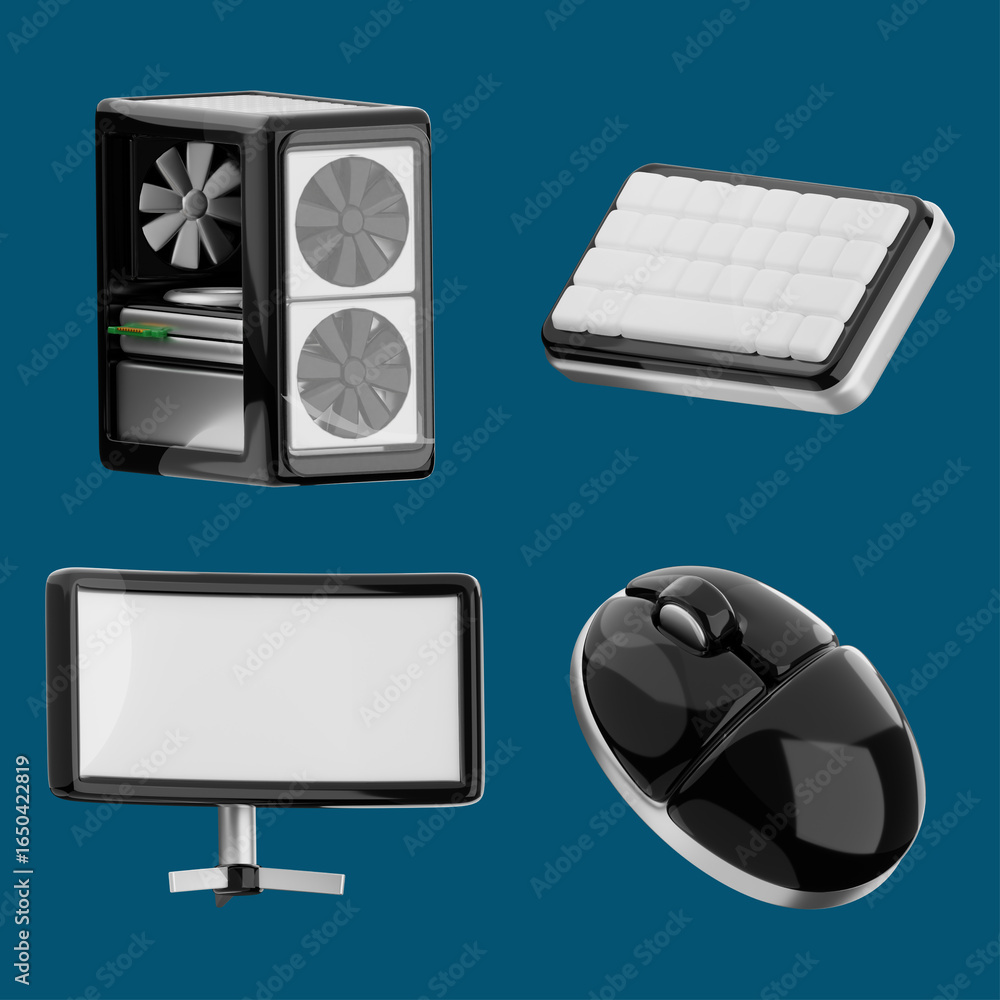 Poster computer peripheral devices floating on blue background
