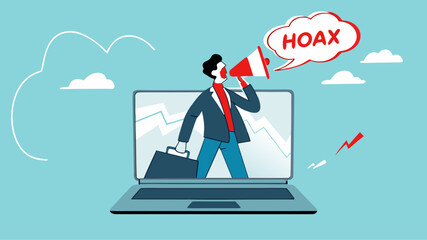businessman using megaphone conveying fake news or hoax on computer laptop, hoax or fake news illustration, misleading information from social media that creates misunderstandings
