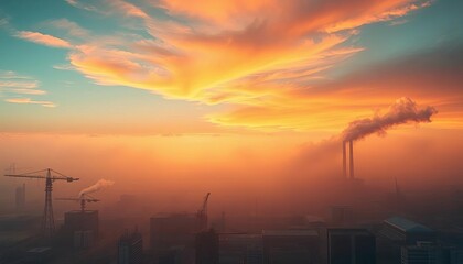 Factory smog obscuring cityscape, polluted sky, toxic air, environmental hazard