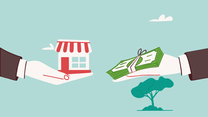 company buyout, selling company offer or merger, acquisition agreement or take over, franchise business concept, businessman offering money to buy a company or franchise business concept illustration