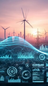 Futuristic wind turbine renewable energy and artificial intelligence digital interface cityscape sunset with power line technology innovation, showcasing clean energy analytics, sustainability