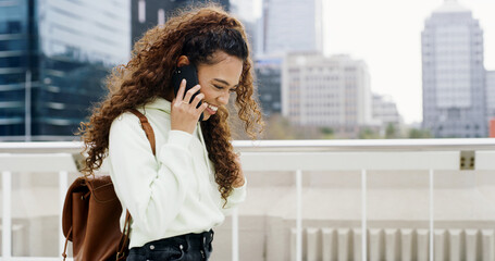 Girl, student in city and phone call for communication, networking and contact for college...