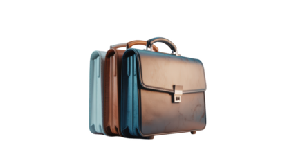 Three leather briefcases in different colors isolated on transparent background