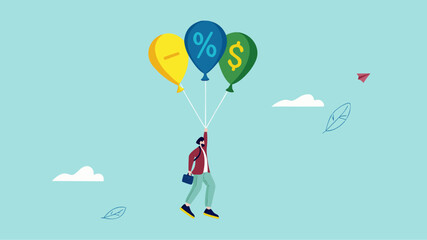 return on investment or dividend leads to financial freedom, compound interest growth on capital, successful investment strategy, businessman flying using balloon with dollar icon and growth graph