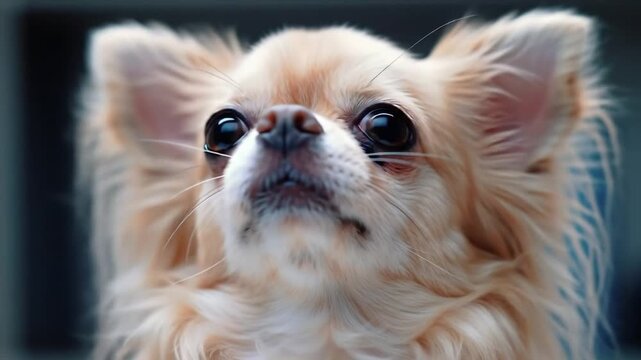 Close Up Portrait of a Long Haired Cream Chihuahua with Dark Eyes Looking Up