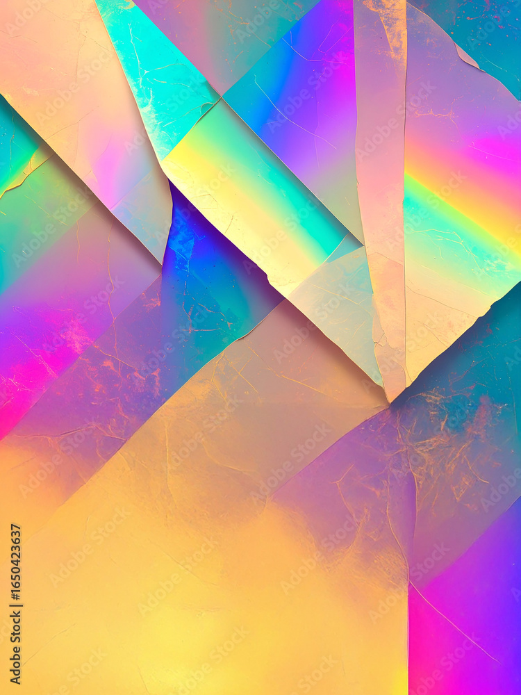 Poster a dynamic and colorful abstract collage made from layers of torn paper. the composition is divided b