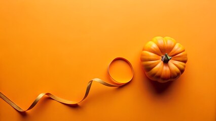 A single mini pumpkin with a golden ribbon on a vibrant orange background, perfect for autumn and halloween themes