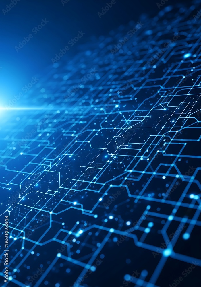 Poster abstract blue digital circuit board pattern with glowing lines and nodes