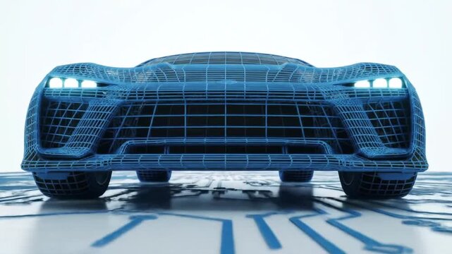 Digital Blue Wireframe Car on a Circuit Board in Futuristic Style and Innovation - Powered by Adobe