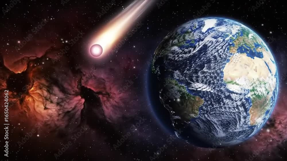 Poster Earth Floating in Open Space with Red Comet and Starry Nebula Background