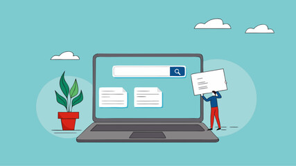 website development, create an online business site, build landing page homepage layouts for business growth, businessman bring web banner icons to build online site on computer laptop screen