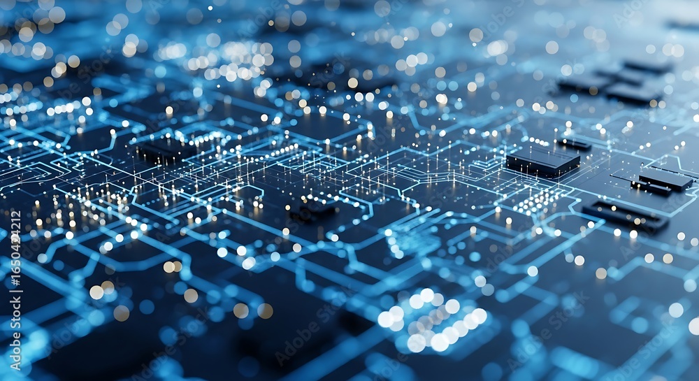 Poster closeup view of a glowing blue digital circuit board with intricate pathways and electronic componen