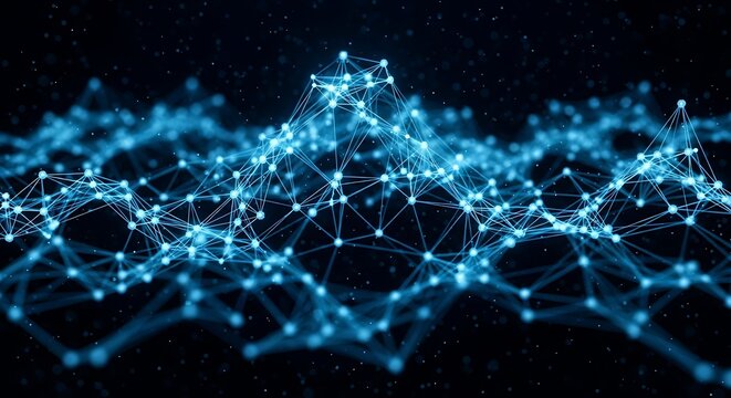 Abstract glowing blue network of interconnected nodes and lines, representing digital connections, data flow, and modern technology