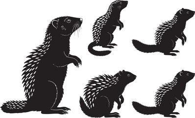 Naklejka premium Five distinct black silhouettes of porcupines in various poses on a white background silhouette