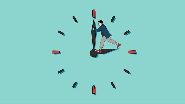 trying to get time back, extension of time to complete the work, businessman tries to turn back the clock to rewind time concept vector illustration
