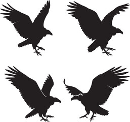 Obraz premium Four dynamic silhouettes of ravens in flight with wings spread wide