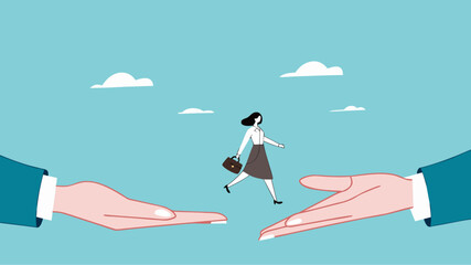Fototapeta premium Change job or leaving company for new career opportunity, try new opportunities in business to achieve a career or good future, businesswoman jumps from the hands of the old businessman to the new one