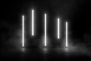 A dark background with vertical white neon lines in the center, with smoke on the top and bottom of each line,