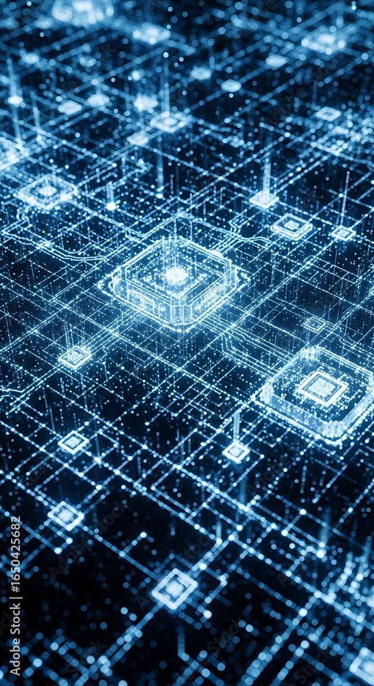 Poster abstract digital network of glowing blue nodes and connections, representing data flow and technolog