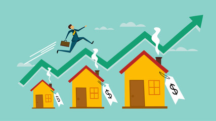real estate or property growth concept, Housing price rising up, businessman running on rising green graph on house roof concept vector illustration with flat design style
