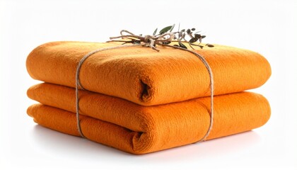 Folded orange blanket tied with string, placed on a clean white background, evoking warmth, simplicity, and cozy minimalism.
