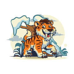 Cute Sabertooth tiger extinct animal Character Mascot in Cartoon Illustration