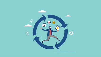 build good work habits with several skills, habitual procedures leading to business or career success, discipline or working efficiency, business people carry out work with a circle of good work habit