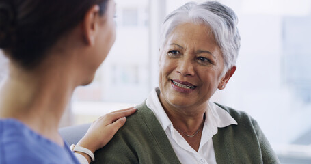 Support, nurse and smile with old woman on sofa for empathy, occupational therapist and medical....