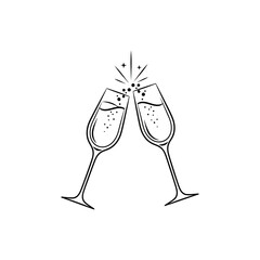Two champagne flutes toasting with bubbles and sparkles in a minimalist black and white illustration