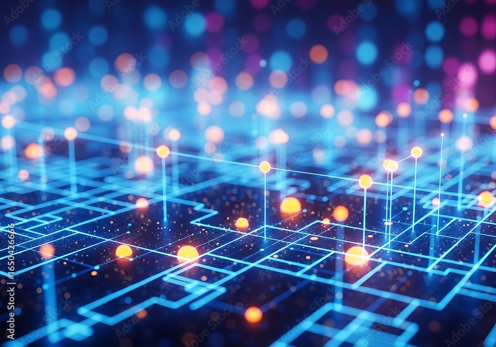 Aufkleber abstract digital network background with glowing blue and orange lights, representing data flow and 