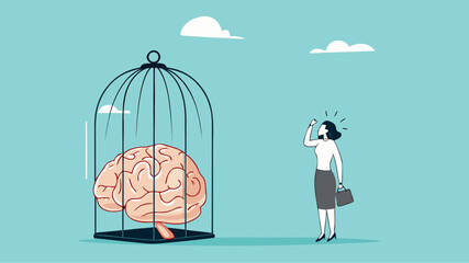 thinking traps, Negative Thought Patterns That Keep You Stuck, Stressed and Anxious, social issue, confused woman with a brain trapped in a cage illustration
