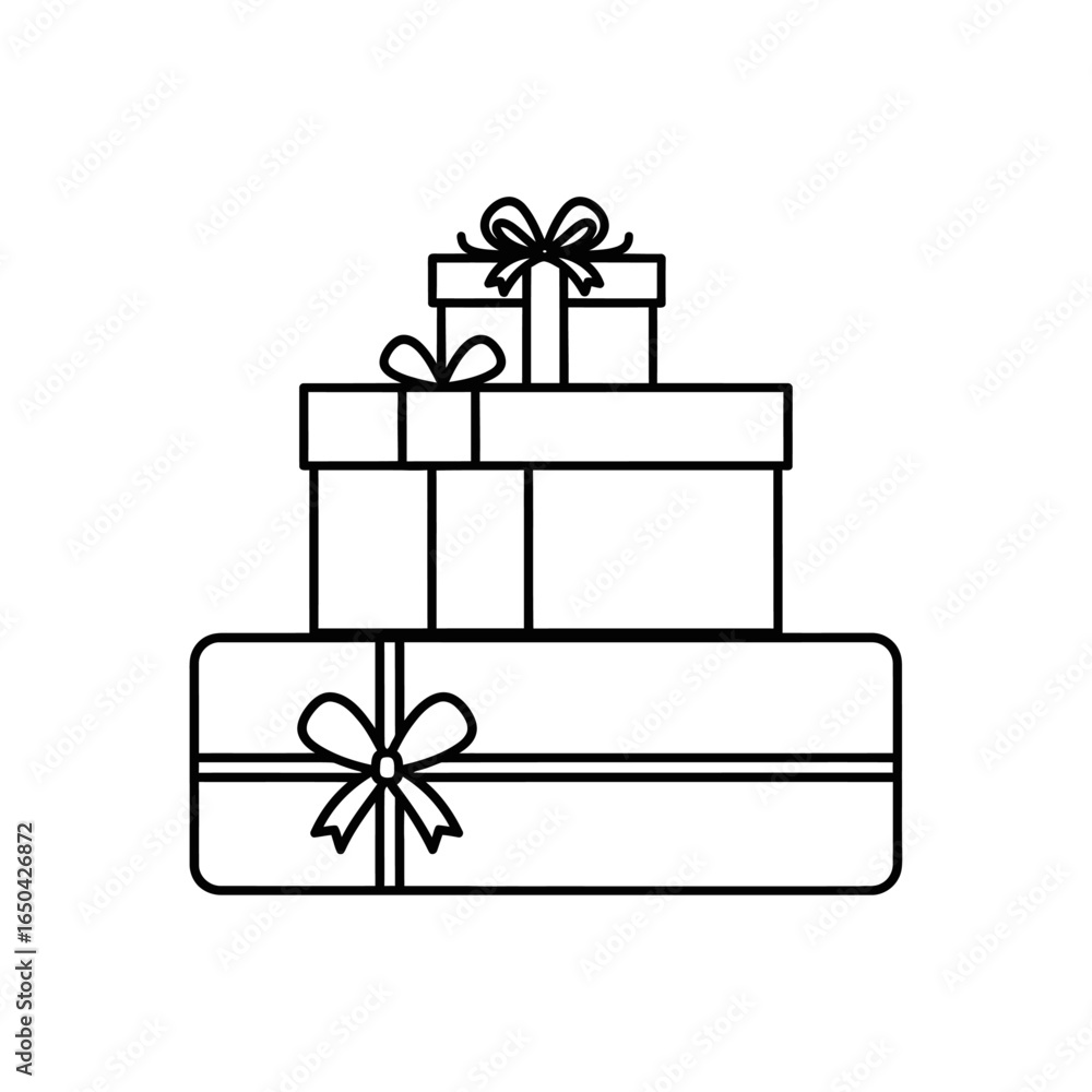 Poster a simple line drawing of a stack of three gift boxes each adorned with a ribbon and bow on a white b
