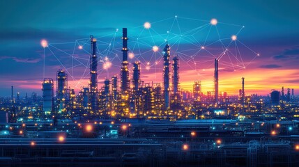 Industrial complex at twilight, connected by network