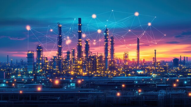Industrial complex at twilight, connected by network