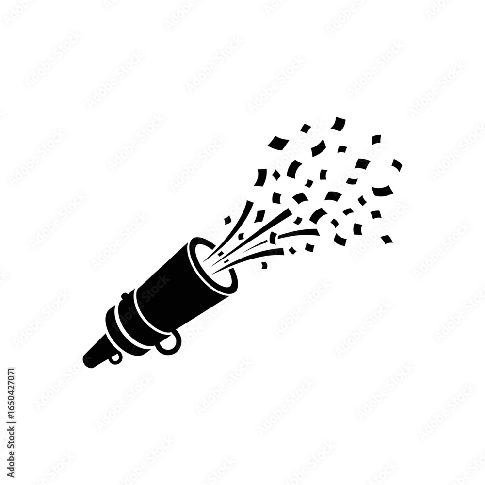 Poster a black and white graphic of a party popper with confetti exploding out of the top of the popper