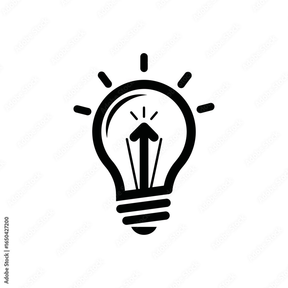 Poster a simple black and white illustration of a lightbulb with an arrow pointing upwards inside of it
