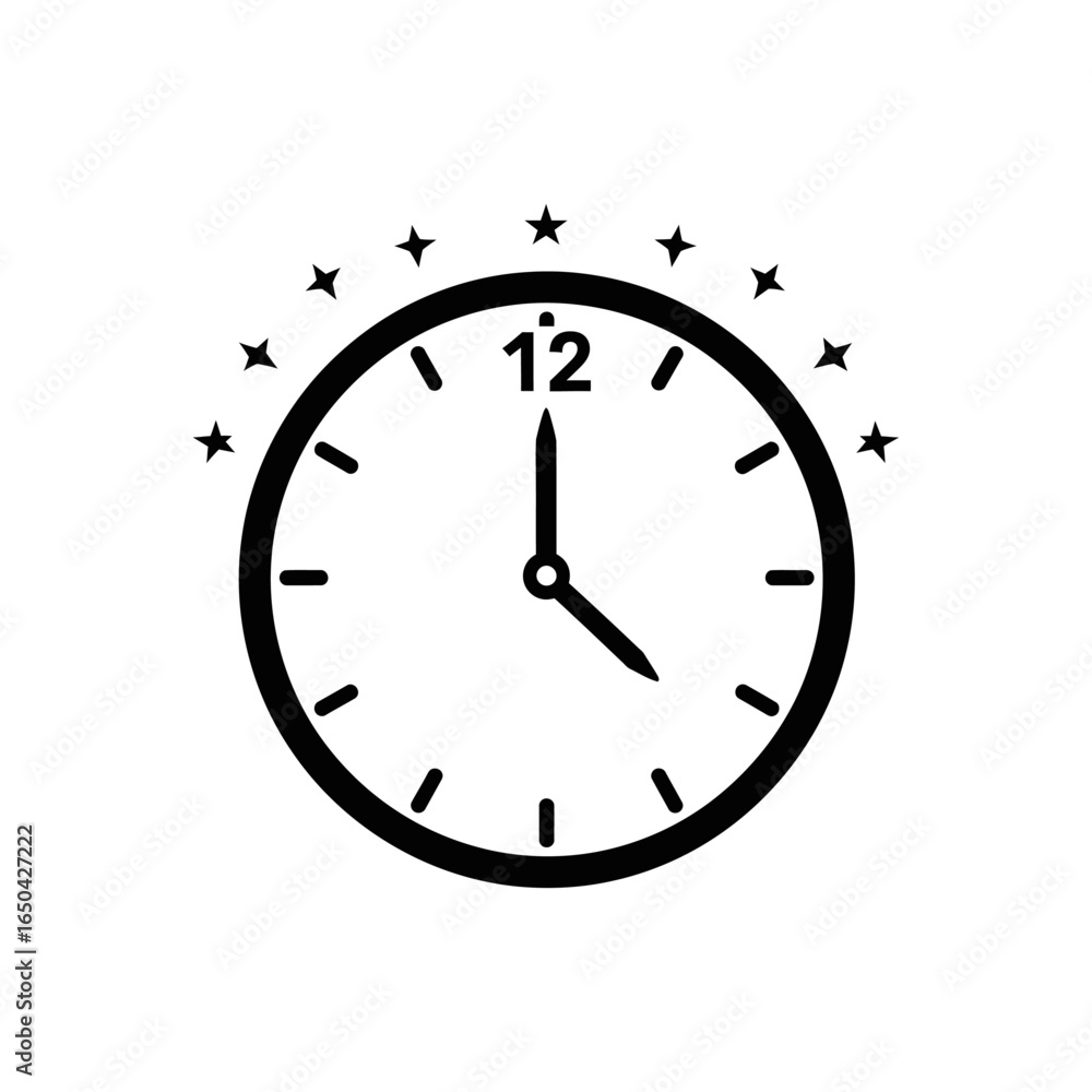 Poster a black and white clock showing the time with stars around it and a white background around clock