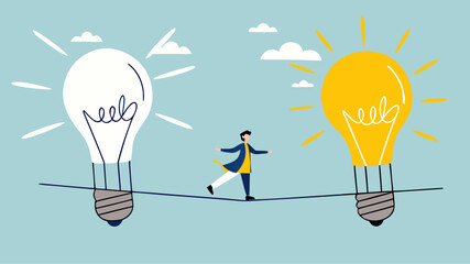 change business strategy illustration with concept of a businessman cross the rope from a dead light bulb to a burning light bulb, innovation in company management change to achieve good business