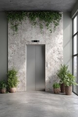 Modern elevator lobby with plants