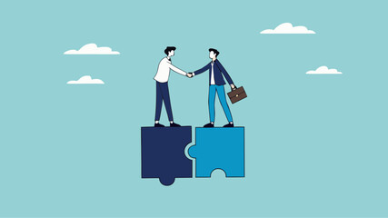 business agreement, cooperation in business to achieve certain targets, growth or progress to achieve goal and target, two business people shaking hands at puzzle concept vector illustration
