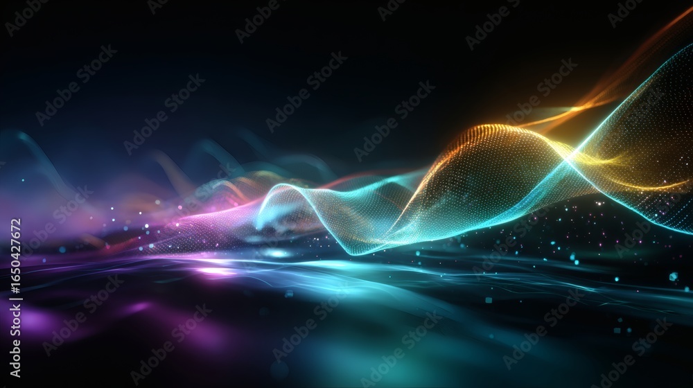 Poster abstract futuristic neon digital wave with holographic glowing mesh, sci-fi luminous spectrum, immer