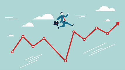Overcoming financial problems in business or investment with businessman jumping over falling financial graph, creative idea or solution to solve problem, business challenge concept illustration