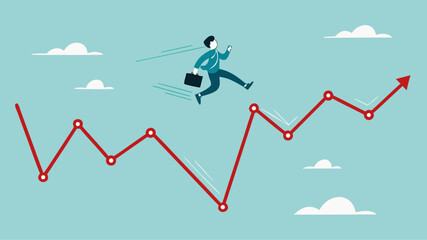 Overcoming financial problems in business or investment with businessman jumping over falling financial graph, creative idea or solution to solve problem, business challenge concept illustration