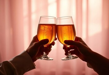 Two hands clinking glasses against a soft, bright backdrop, champagne, beer