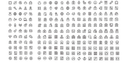 Collection of simple, black and white, outline icons representing various concepts and actions.