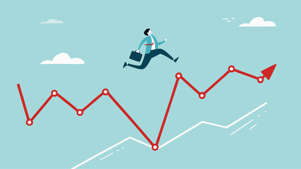 Overcoming financial problems in business or investment with businessman jumping over falling financial graph, creative idea or solution to solve problem, business challenge concept illustration